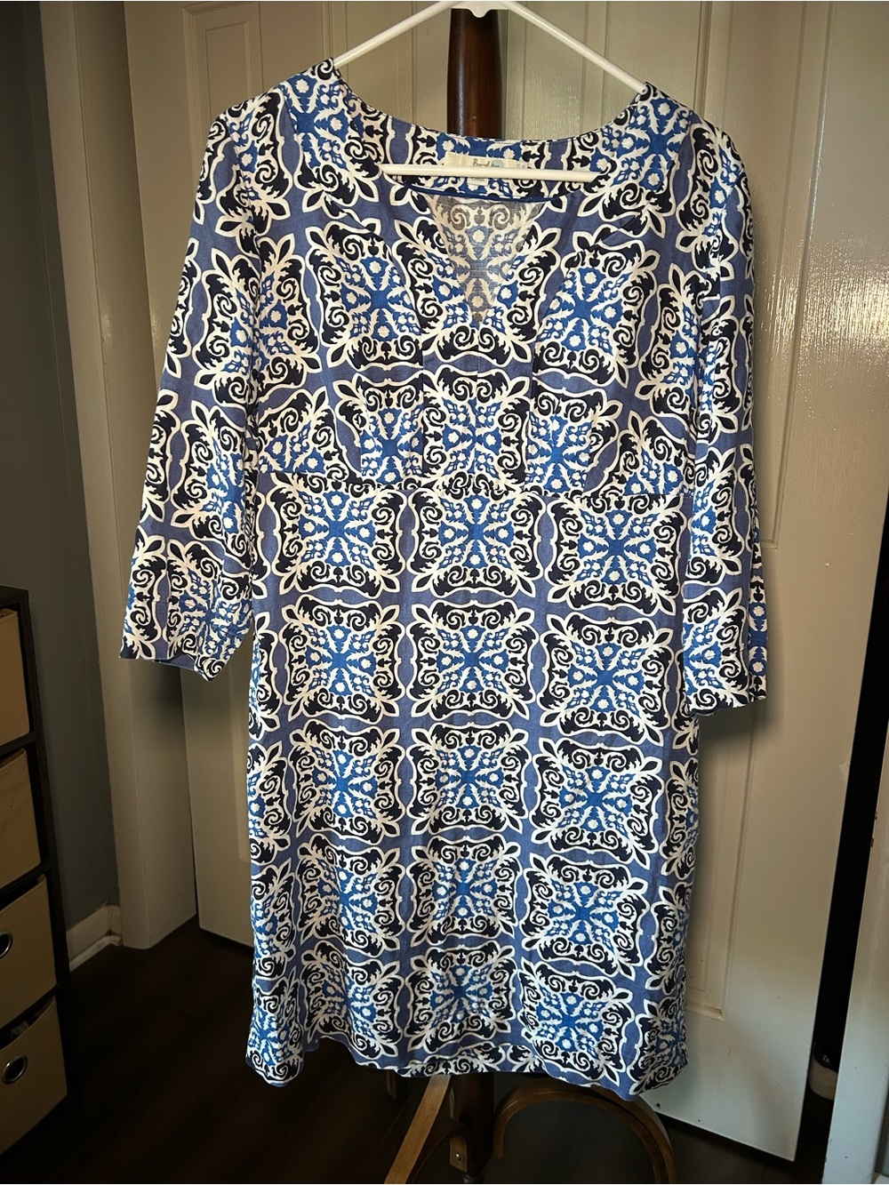 Boden 100% Linen Blue and White Printed Midi Dress